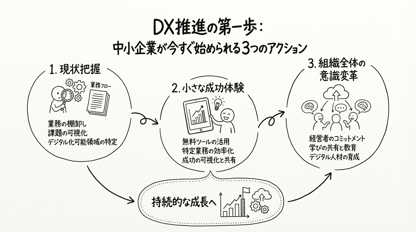DX推進の第一歩：中小企業が今すぐ始められる3つのアクションのイメージ
