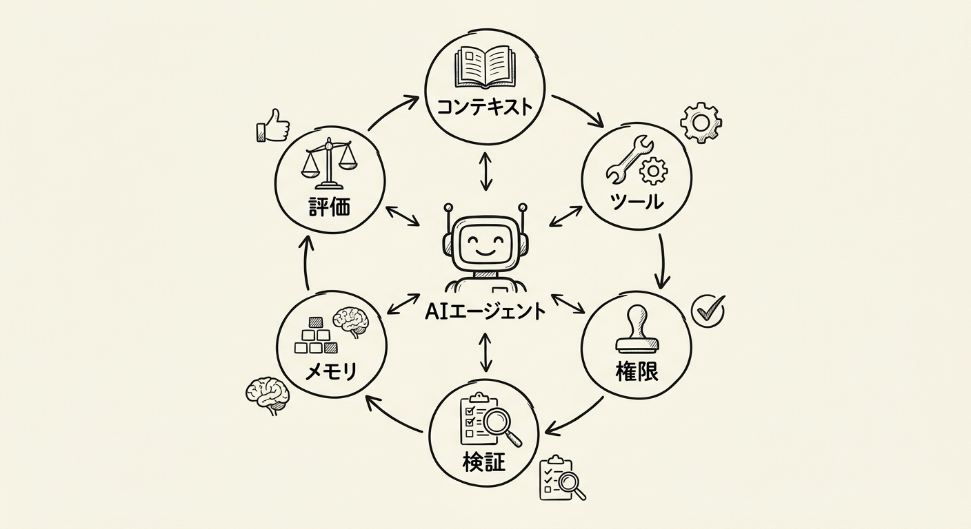 AIエージェントを囲むハーネスの構成要素を示した手書き風の図