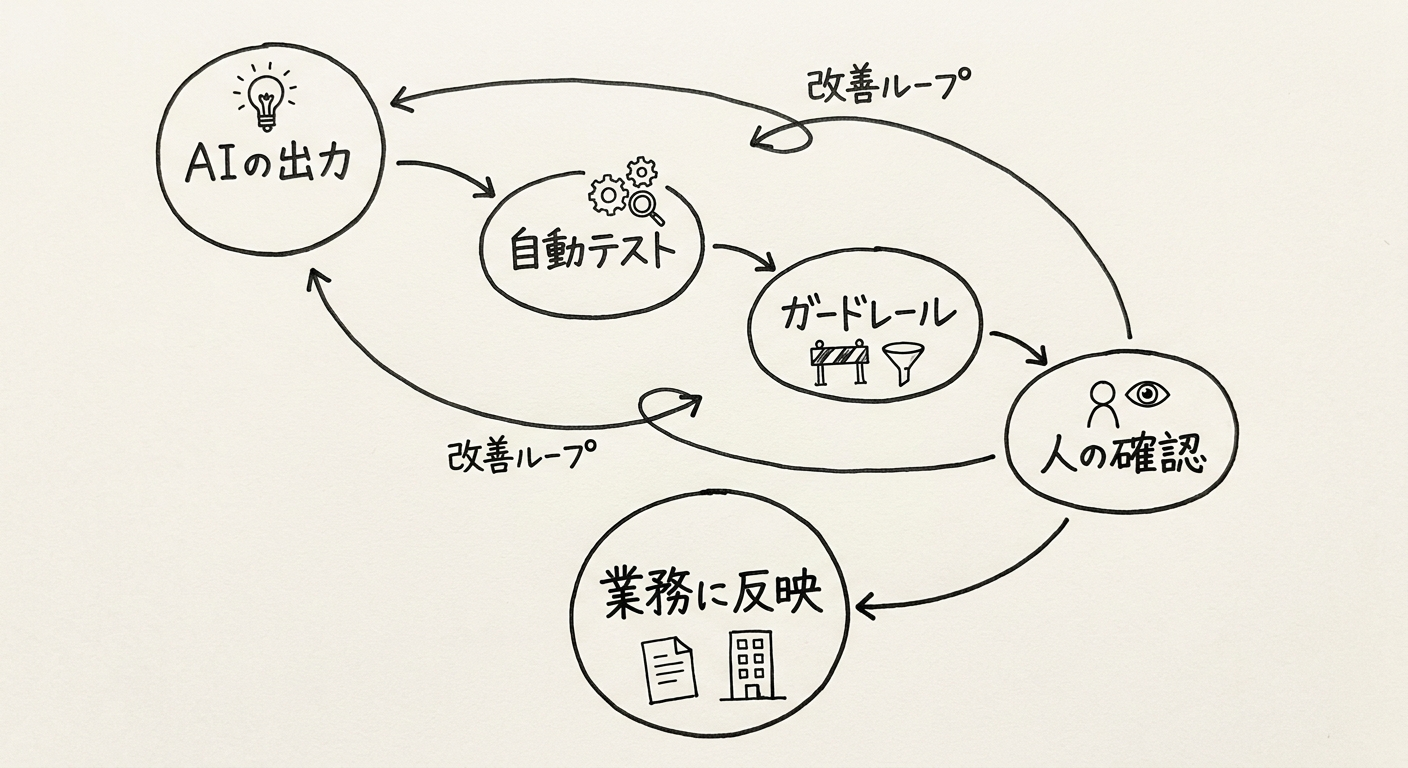 検証ループとガードレールを通ってAIの成果物が確認される流れを示した手書き風の図