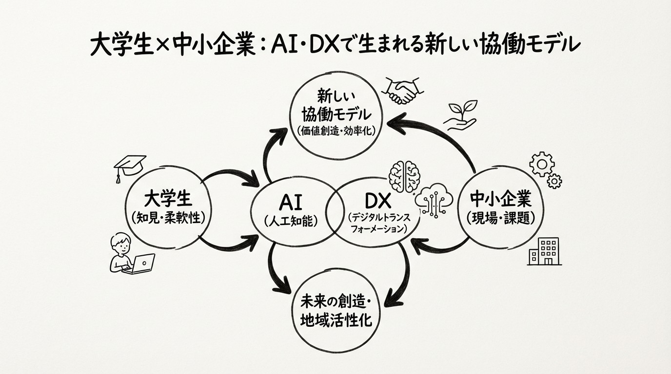 大学生×中小企業：AI・DXで生まれる新しい協働モデルのイメージ